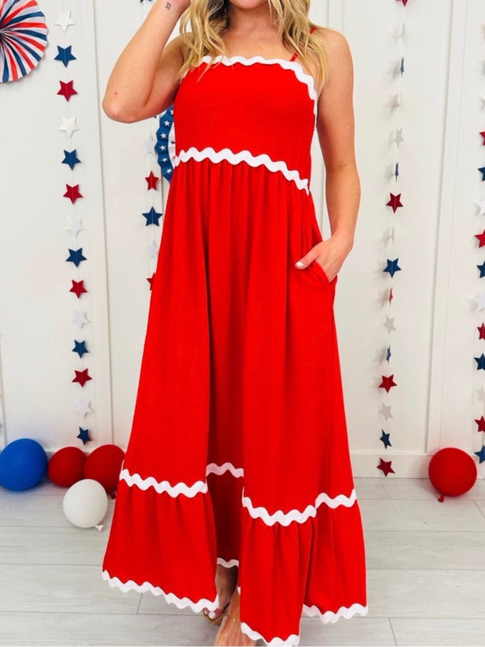 Red Maxi Dress with White Ric Rac Trim